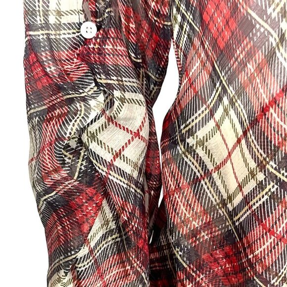 Tristan Sheer Red Black Green Gold and Grey Plaid Wrap FrontTie Blouse Size XS - Picture 8 of 13